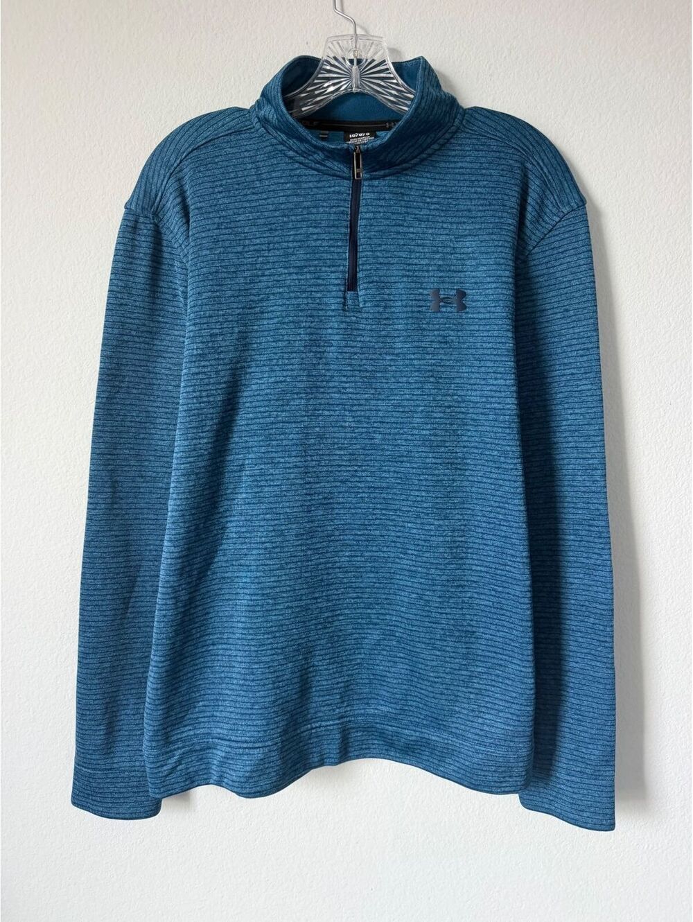 Under Armour Long Sleeve 1/4 Zip Teal Blue Striped Pullover Golf Shirt Size L